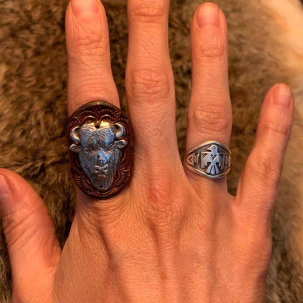 Leather stamped bison buffalo Southwest boho ring
